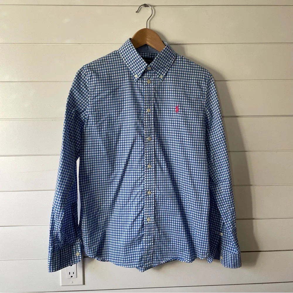 Ralph Lauren - Women’s Custom Fit size 12- Blue Gingham Button Up - Picture 4 of 10